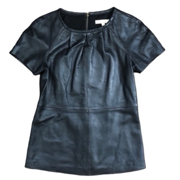 Banana Republic Pleated Leather Short Sleeve Top Western Rock Grunge Black Large - Picture 4 of 16